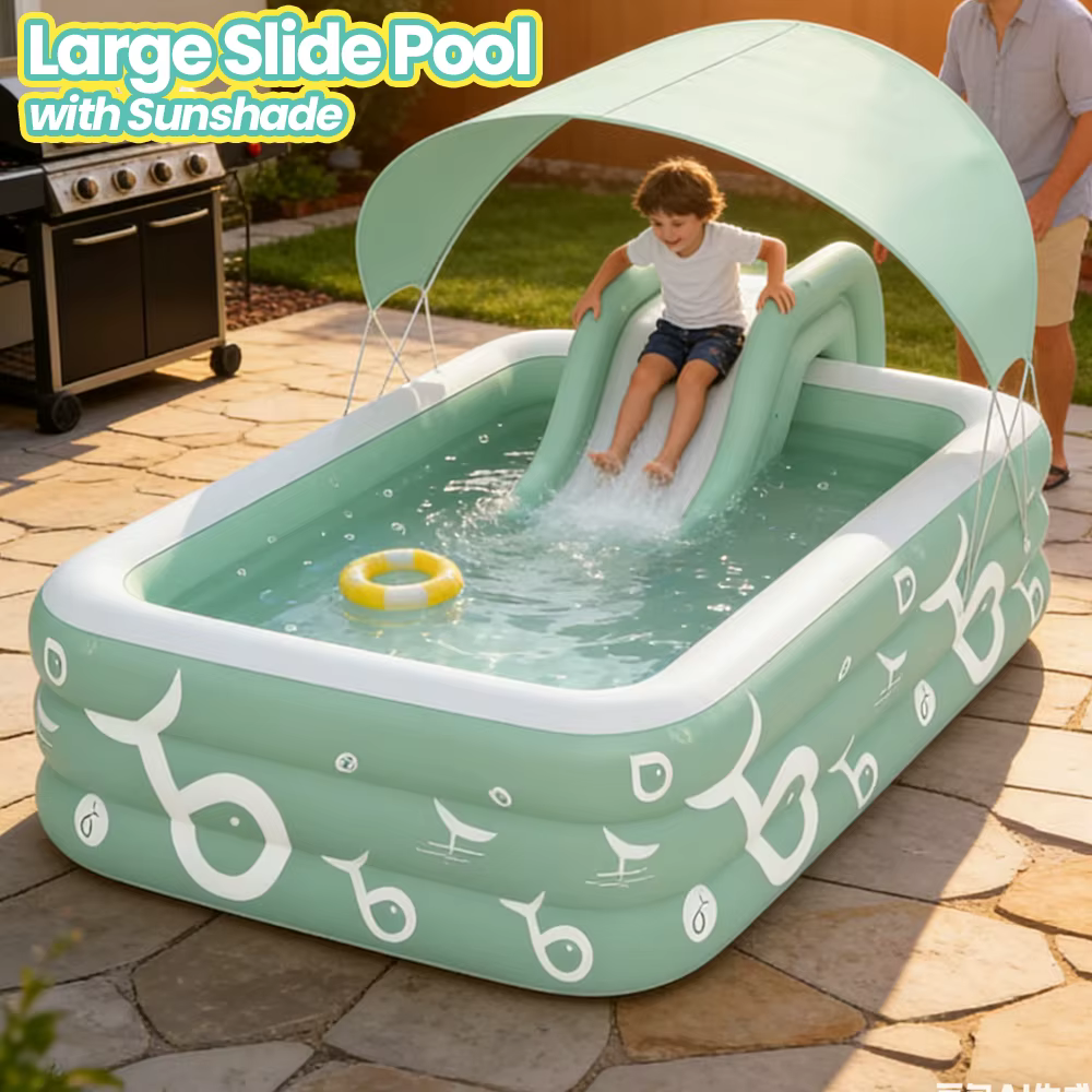 Grande piscine gonflable avec toboggan et abri