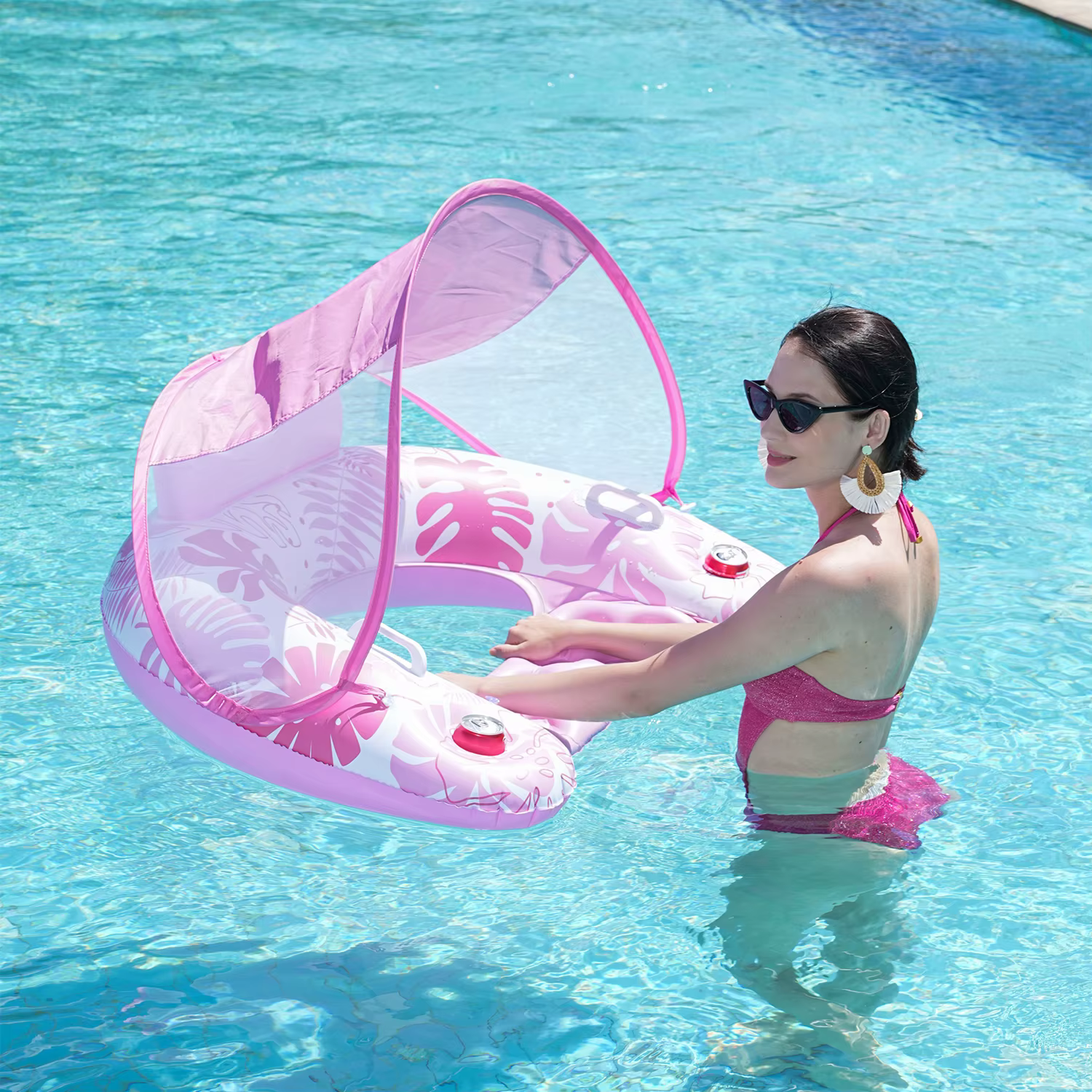 1 flotteur de piscine gonflable recouvert de tissu pour adulte avec auvent pare-soleil UPF50+ et porte-gobelets