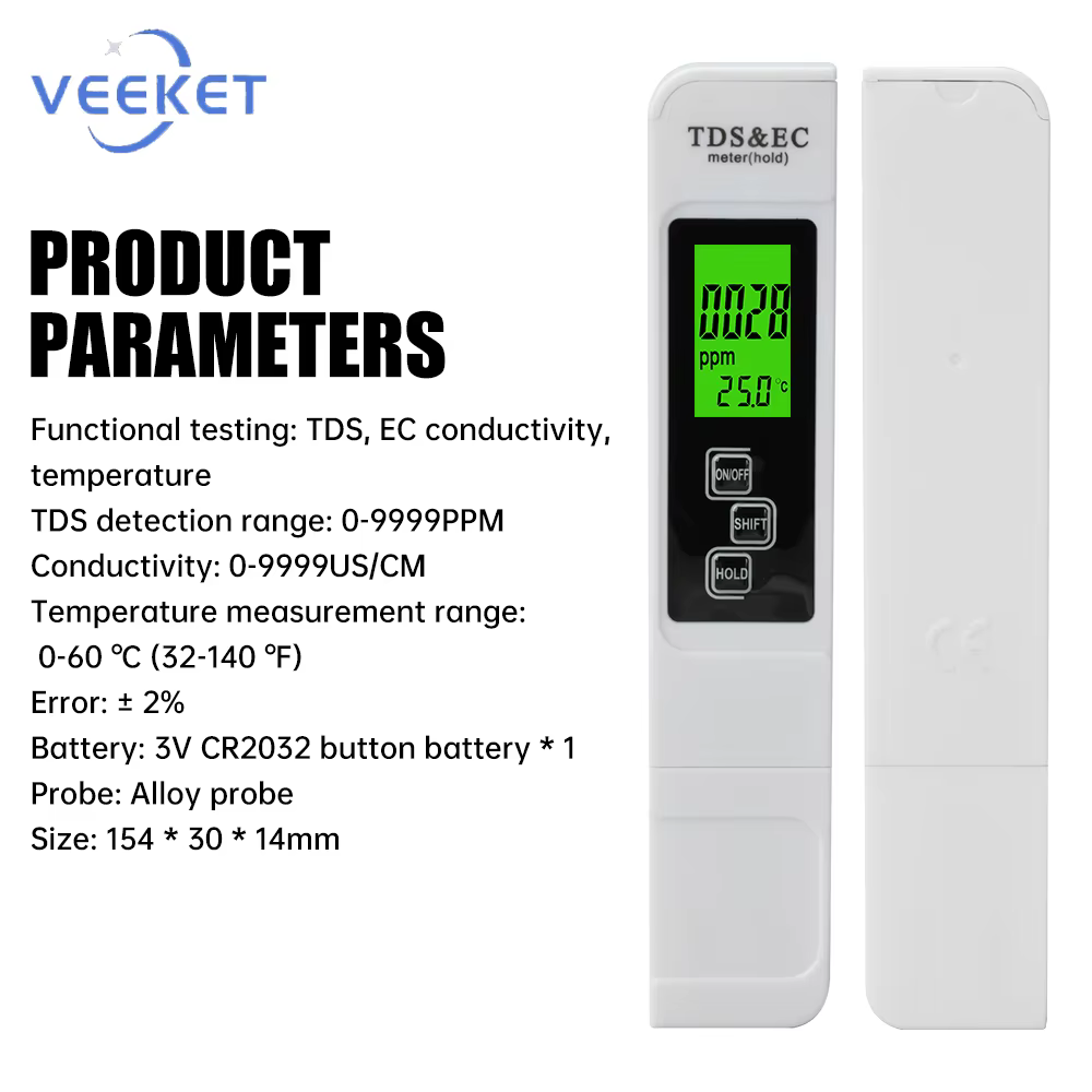 Testeur d'eau numérique 3-en-1 TDS EC avec écran LCD rétroéclairé pour l'analyse de la qualité de l'eau potable