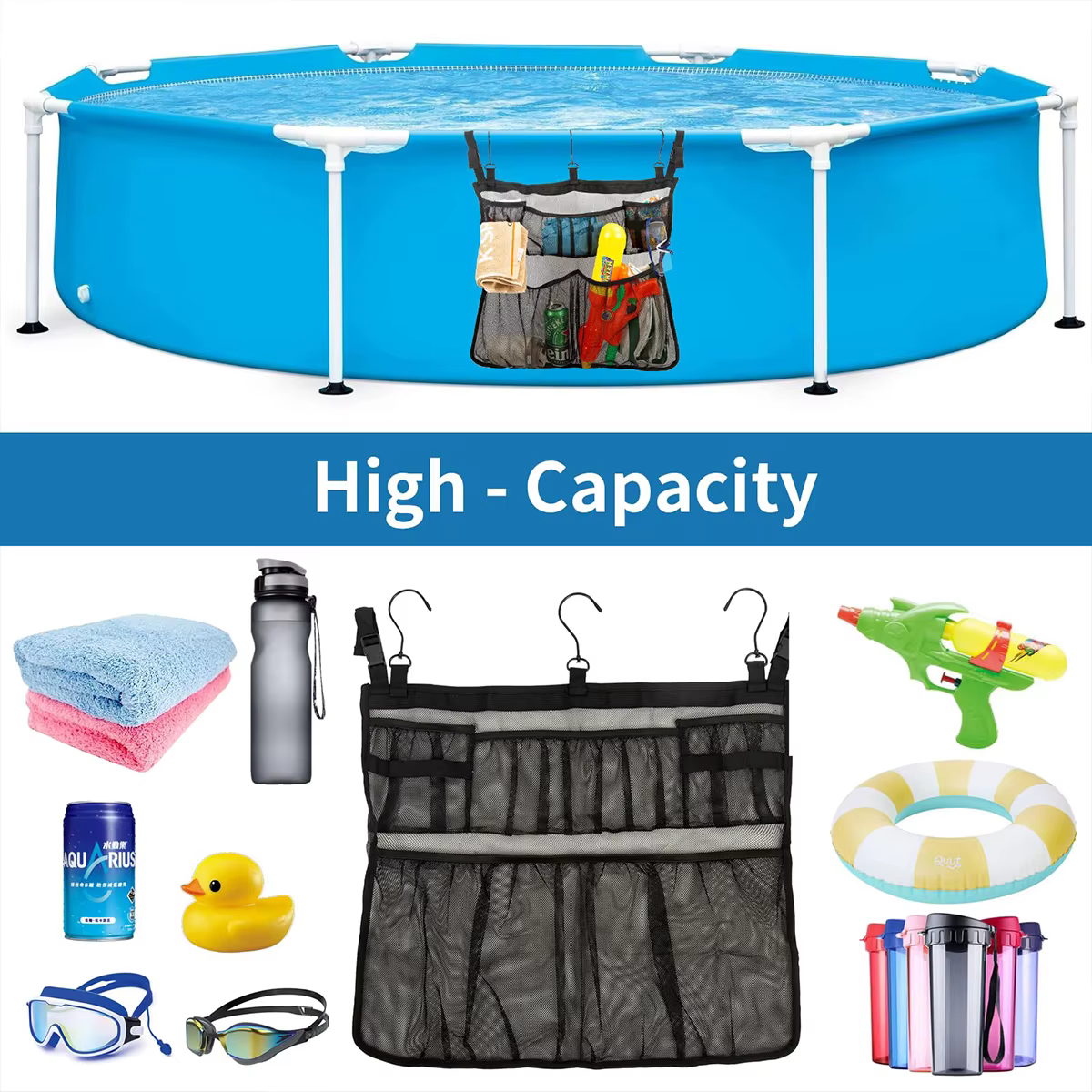 Sac de rangement suspendu en maille pour piscine