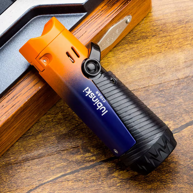 Allume-cigare avec porte-cigarette, briquet en plastique butane portable coupe-vent à double jet droit à flamme bleue