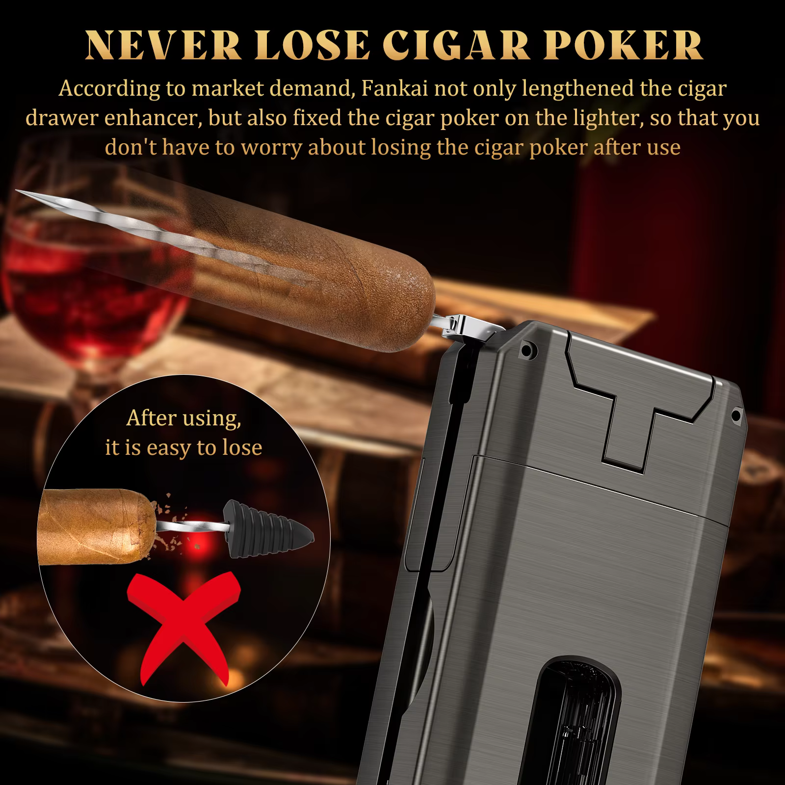 Allume-cigare, torche à cigare 5 en 1 avec coupe-cigare en V, poinçon, support, pique à cigare, briquet au butane à double flamme, cadeau