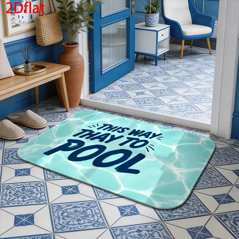 Tapis d'entrée antidérapant avec motif aquatique et lettrage « This Way To Pool » pour intérieur et extérieur