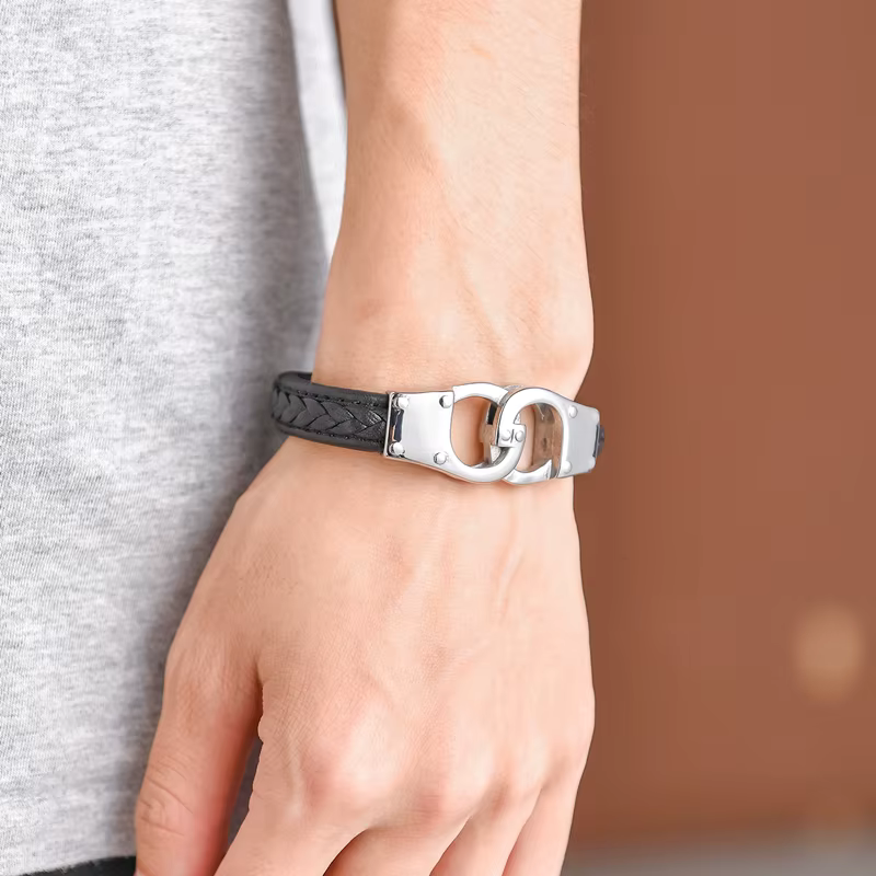 Bracelet menottes pour hommes, en acier inoxydable de haute qualité, en cuir véritable, pour Couple, Unique, Bijoux, cadeau pour lui