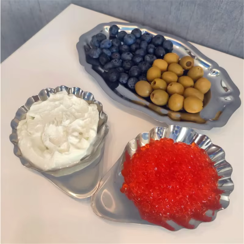 Plat à fromage en acier inoxydable du milieu du siècle, assiette à fromage en métal, collation aux fruits, Sushi blogueur, vaisselle de rangement, plat à bijoux