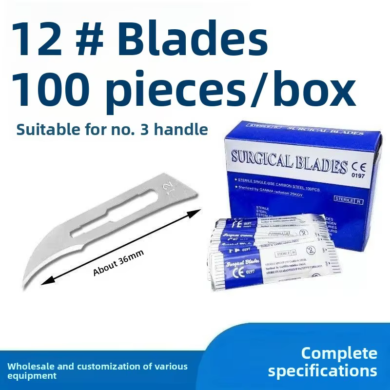 Lames de scalpel chirurgical 100 pièces en acier au carbone, support de couteau médical, pour dissection, découpe, réparation de téléphone, sculpture, stérilisées