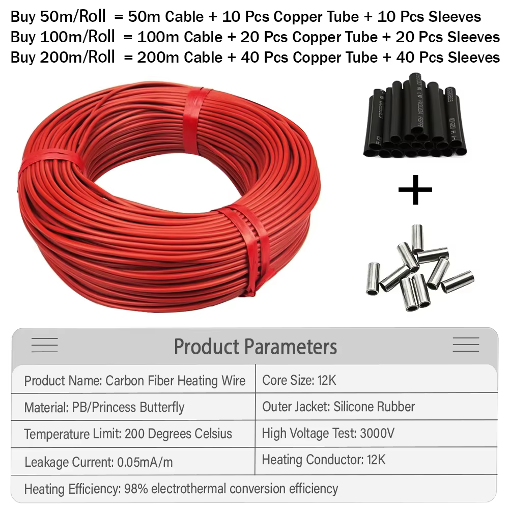 Câble de sol chaud infrarouge de 50 à 200 mètres, 12K, 33ohm/m, bobine de fil chauffant électrique au carbone, fil de Fiber de 3.0mm, ligne directe épaisse