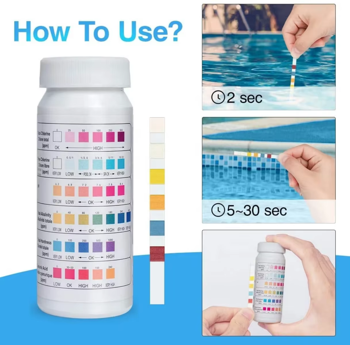 Bandelettes de test d'eau 6 en 1 pour la vérification de la qualité de l'eau de piscine avec 50