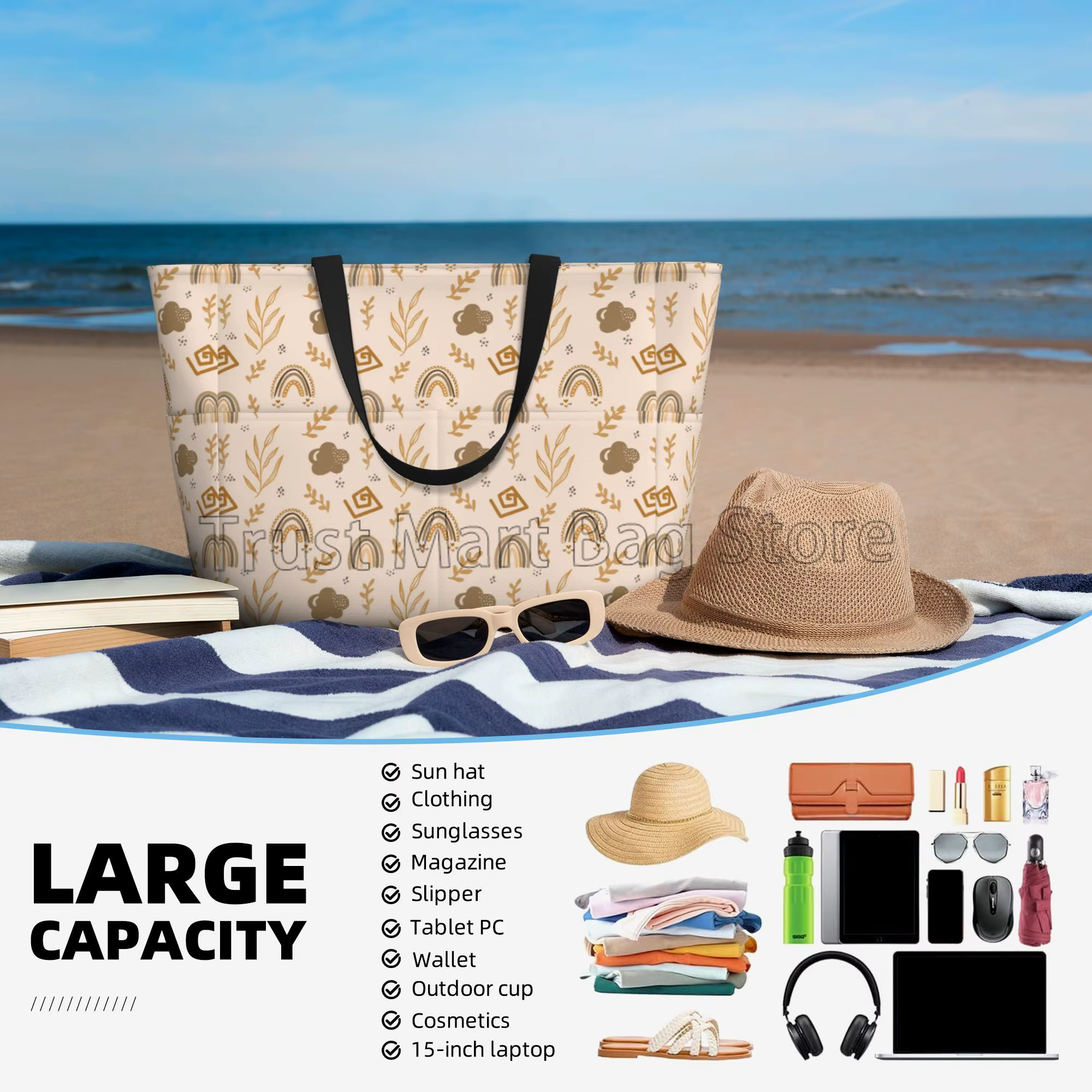 Fourre-tout de plage imperméable arc-en-ciel Boho mignon pour femmes