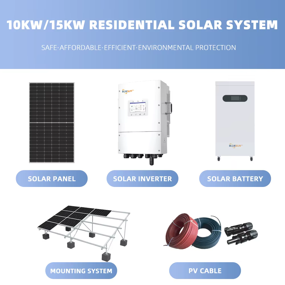 Système solaire domestique complet 10KW 15KW avec batterie de secours LiFePO4 16kWh 32kWh, installation facile, onduleur hybride triphasé monophasé