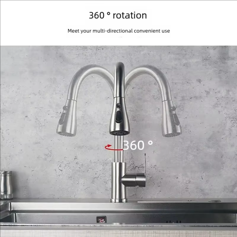 Robinet de cuisine en acier inoxydable 304, mitigeur extractible pour évier, avec douchette pulvérisatrice, eau chaude et froide, à poser sur comptoir
