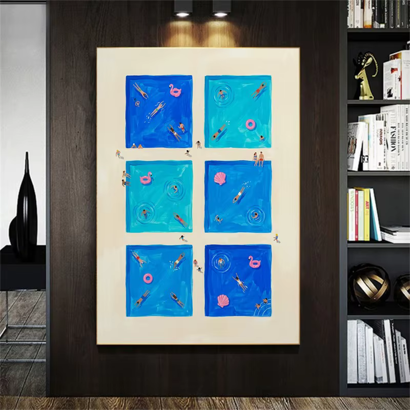 Impression sur toile amusante pour piscine d'été, décoration murale côtière turquoise, vue aérienne rétro, nageurs, art aquatique bleu, scène au bord de la piscine