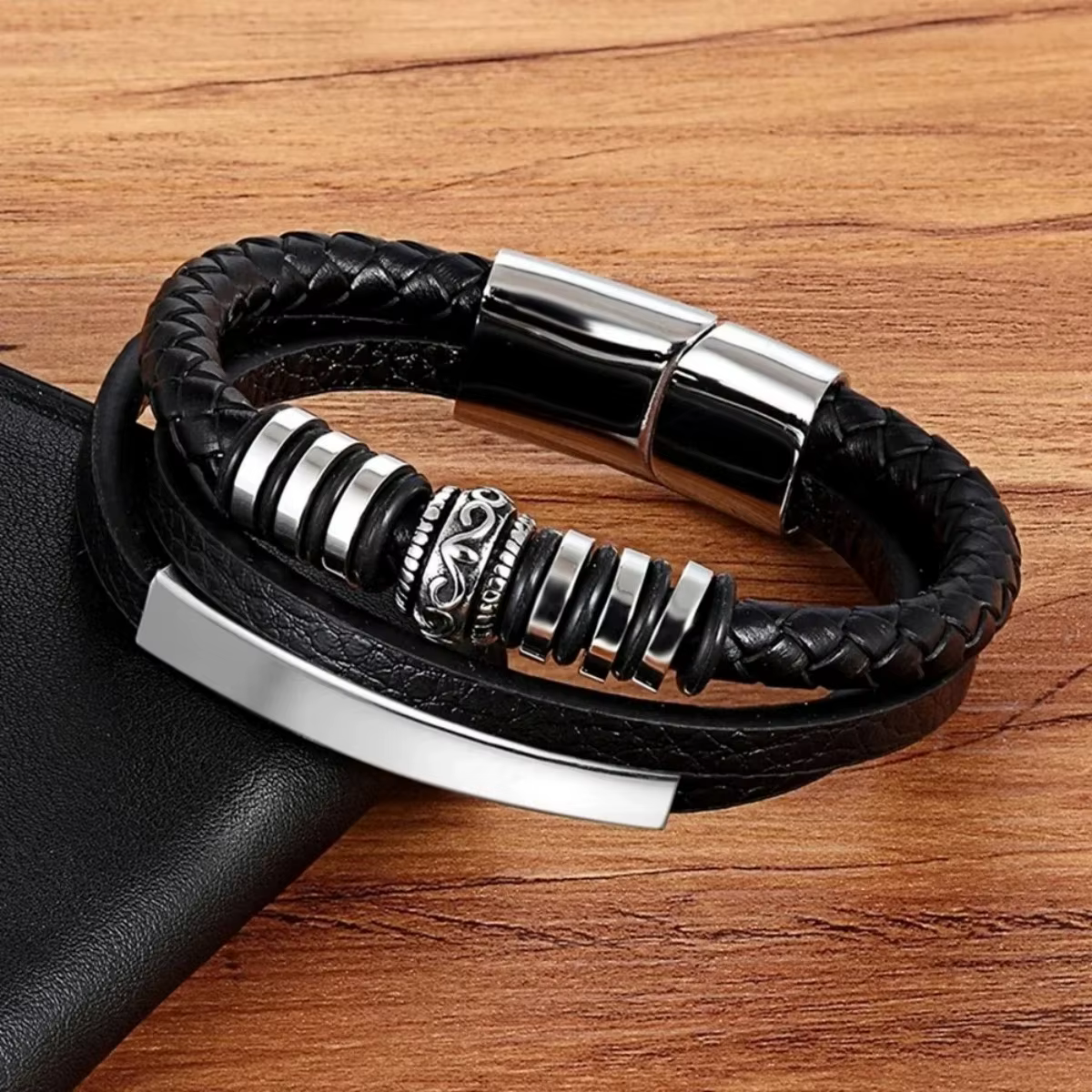 Bracelets en cuir tendance pour hommes, en acier inoxydable, corde tressée multicouche de 21CM, bijoux cadeaux