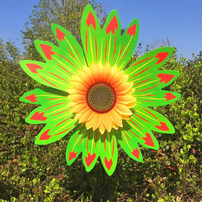 Piquet rotatif de moulin à vent de tournesol, moulinet de fleur de pelouse debout, décor de pique-nique de cour de jardin, fête en plein air