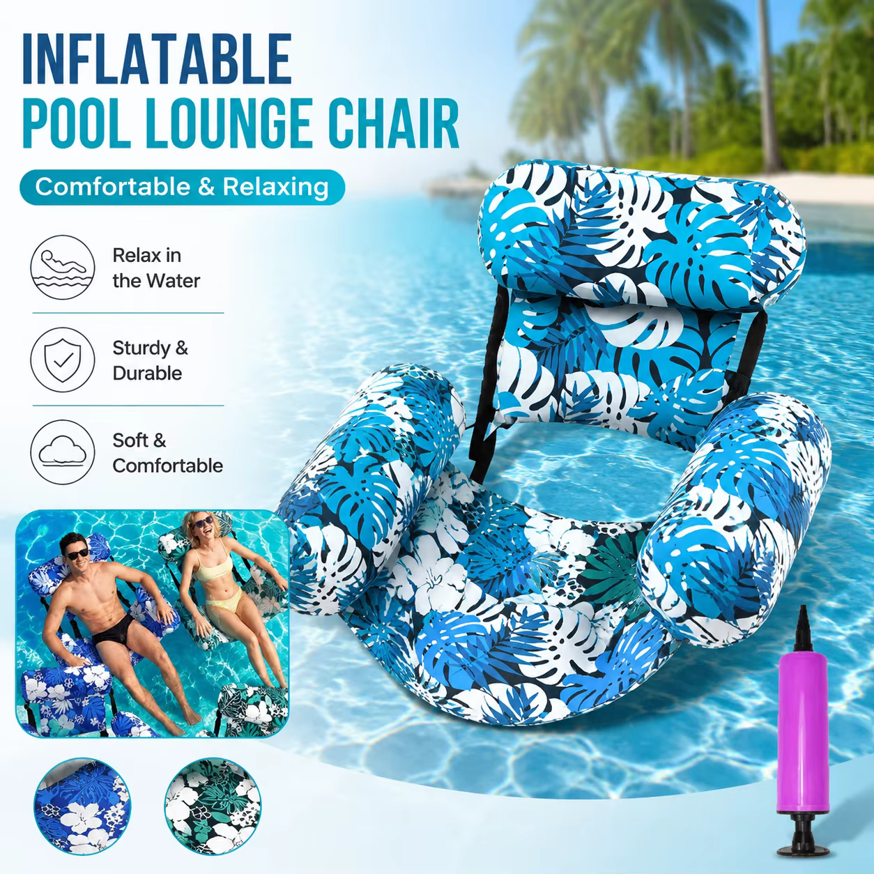 Chaise longue flottante gonflable pour piscine avec dossier et accoudoirs