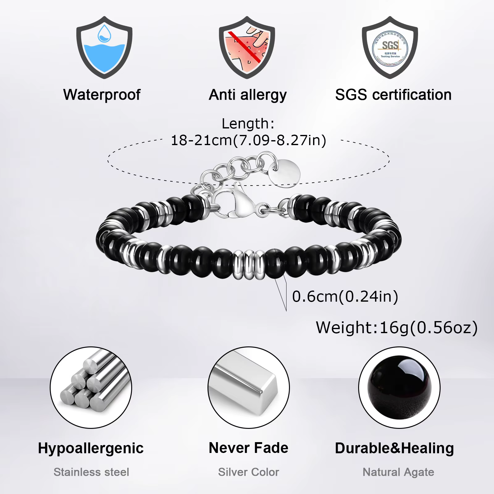 Bracelets de perles en métal pour hommes et garçons, Bracelets de perles en acier inoxydable avec perles naturelles, cadeaux de bijoux décontractés