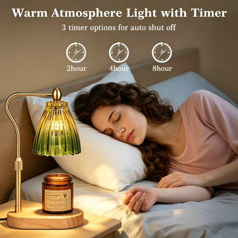 Lampe chauffe-bougie avec minuterie et variateur d'intensité, base en bois rétro, abat-jour en verre, lumière chauffante pour bougie, ambiance chaleureuse, décoration pour la maison et les fêtes