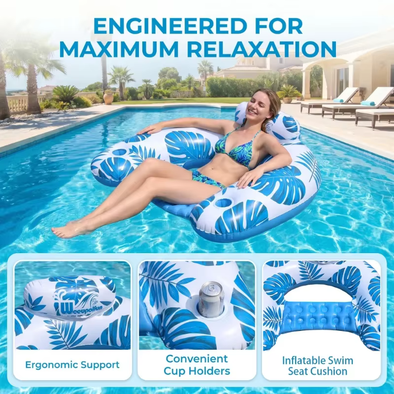 Transat gonflable en forme de feuilles tropicales avec appui-tête et porte-gobelets