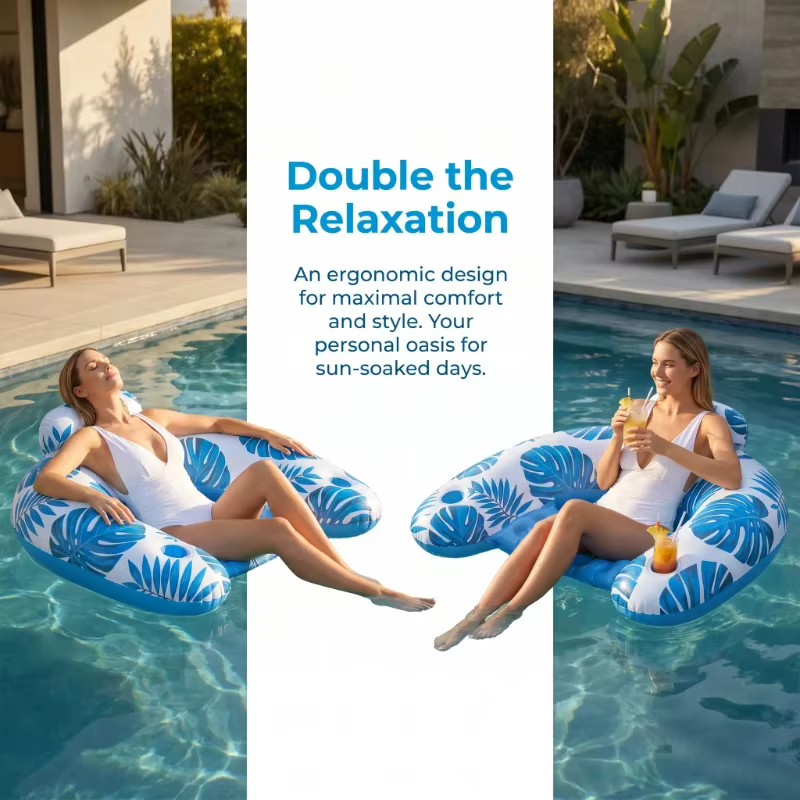 Transat gonflable en forme de feuilles tropicales avec appui-tête et porte-gobelets