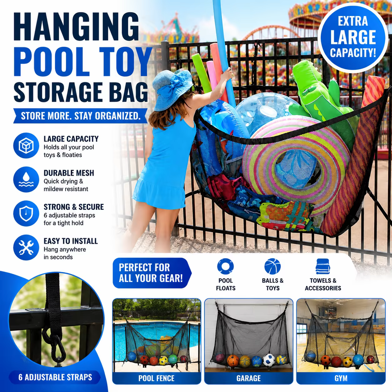 Sac de rangement en filet grande capacité pour piscine
