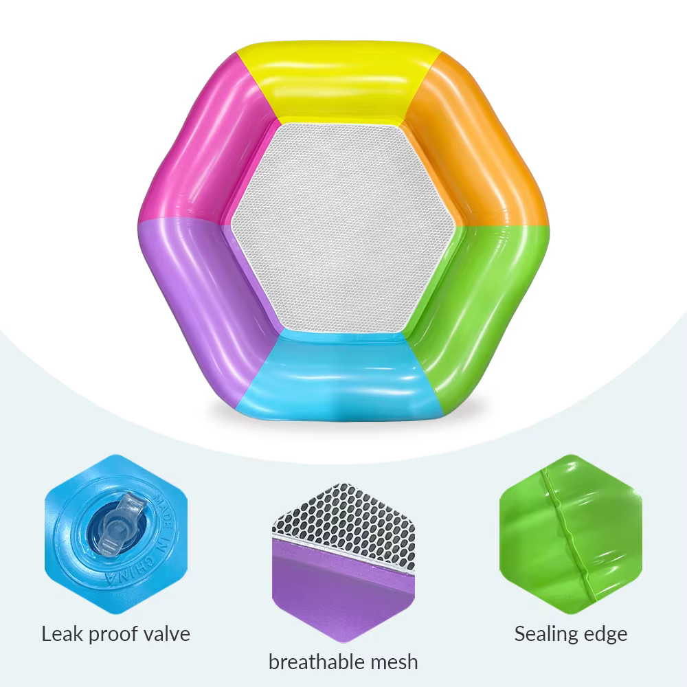Flotteur gonflable hexagonal arc-en-ciel pour adultes avec siège en maille