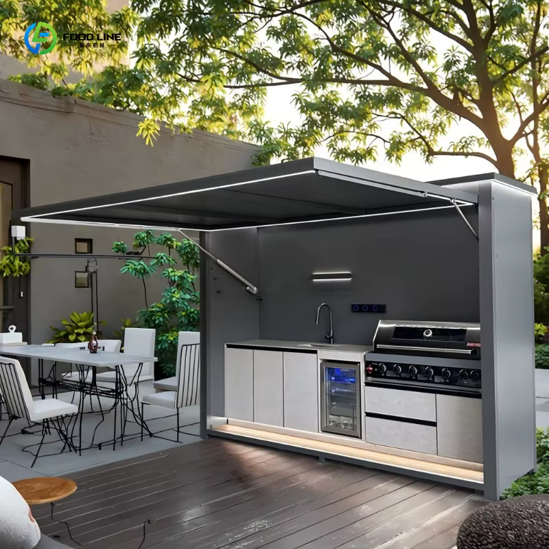 Barbecue extérieur personnalisable et résistant au vent, style terrasse, avec glacière et évier, pour la cuisine en plein air dans le jardin ou sur la terrasse.