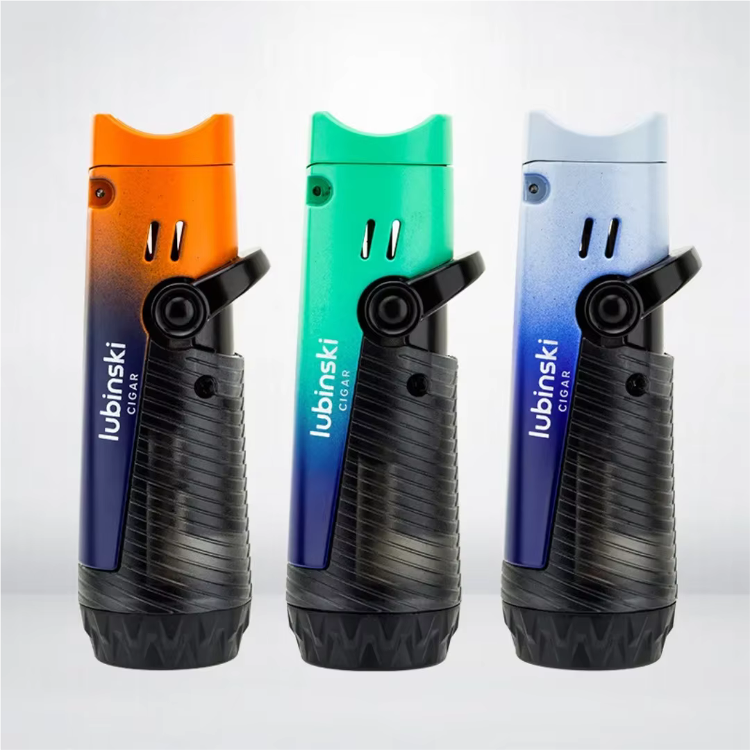 Allume-cigare avec porte-cigarette, briquet en plastique butane portable coupe-vent à double jet droit à flamme bleue