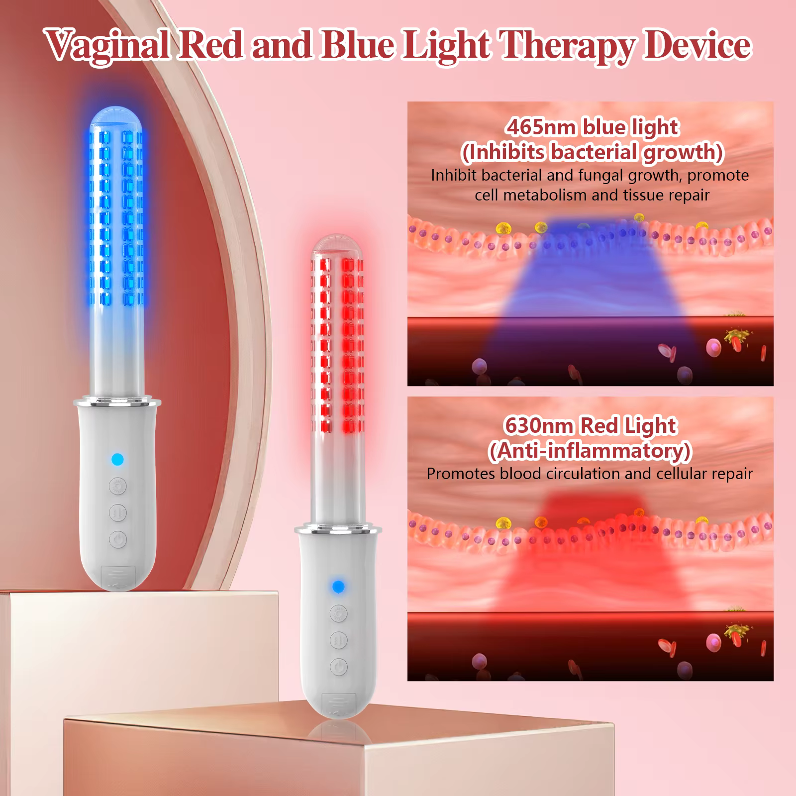 Appareil de relaxation pour le resserrement vaginal féminin avec thérapie par lumière rouge et bleue, baguette de massage à 3 niveaux, 136 LED 465-630 nm pour le traitement de la vaginite