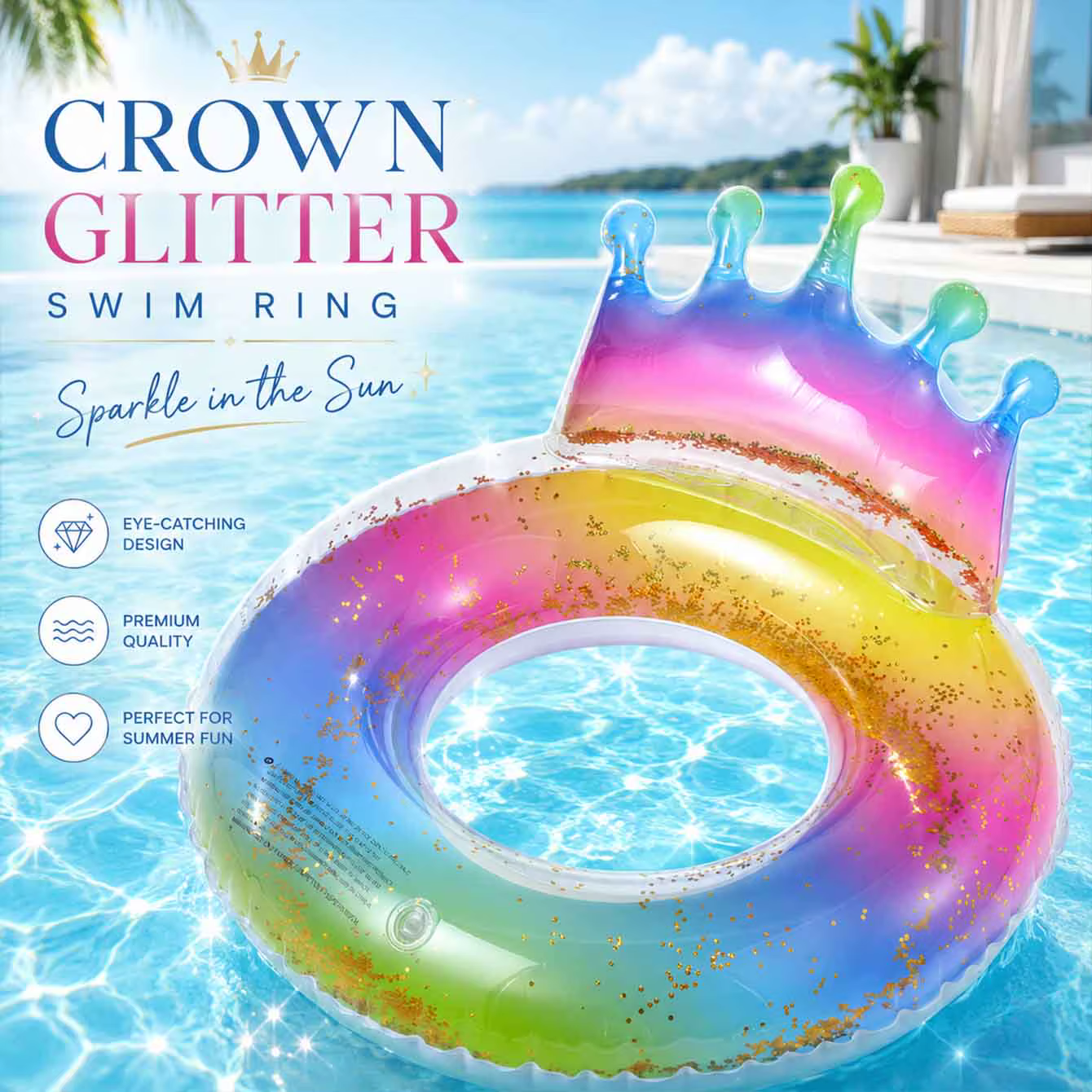 1PC Bouée de piscine gonflable de luxe en forme de couronne arc-en-ciel