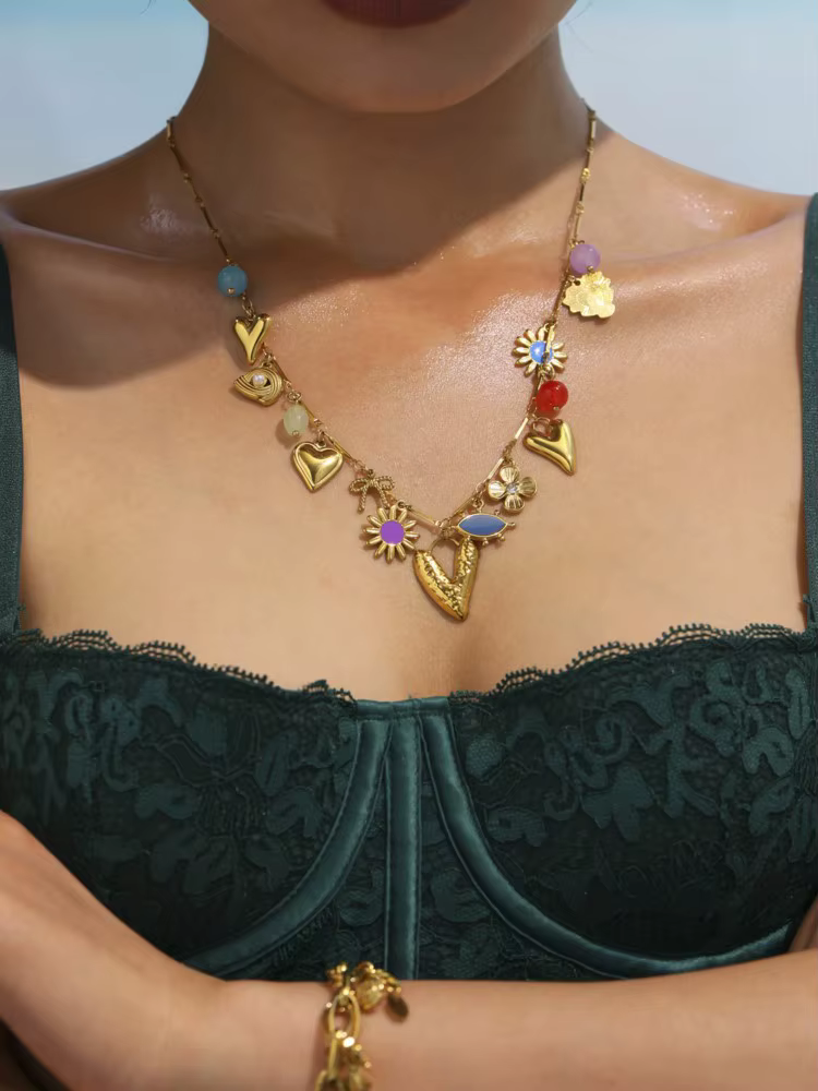 Collier chaîne en acier inoxydable pour femmes plaqué or 18 carats, étanche, sans ternissement, breloques pour femmes, bijoux de vacances bohème
