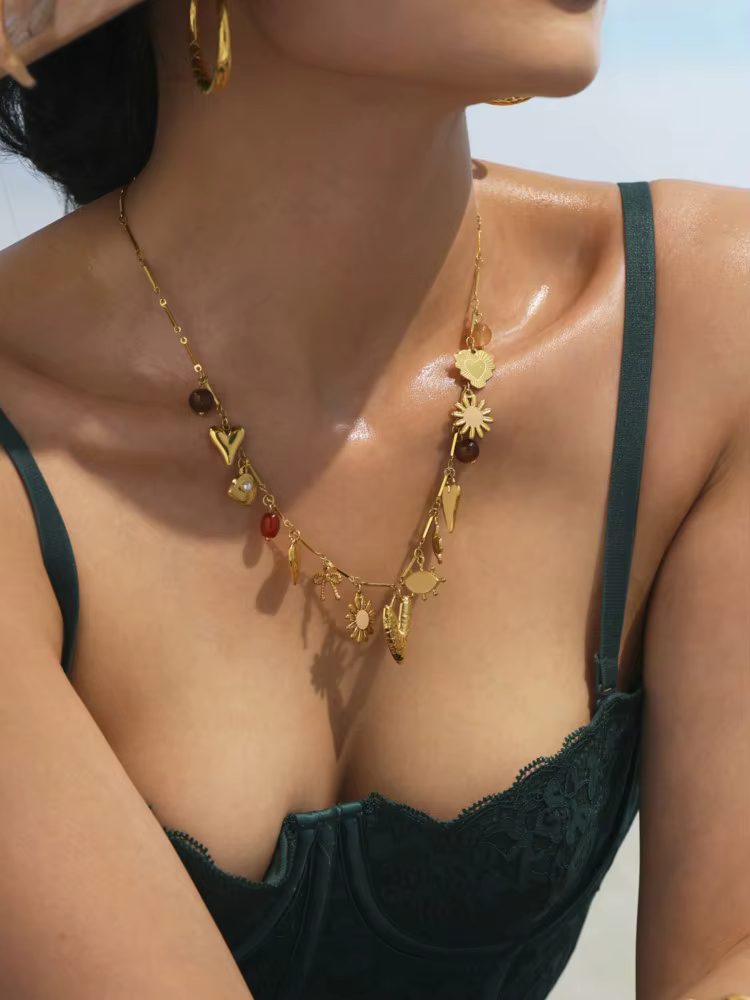 Collier chaîne en acier inoxydable pour femmes plaqué or 18 carats, étanche, sans ternissement, breloques pour femmes, bijoux de vacances bohème