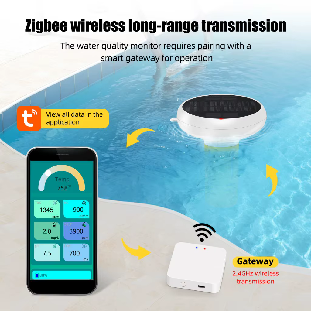 Testeur de qualité de l'eau de piscine solaire flottant Zigbee 7-en-1 : PH