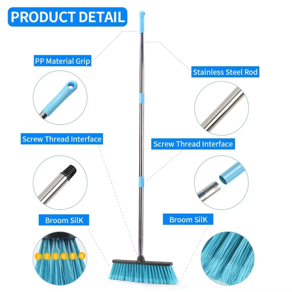 Balai de nettoyage de sol avec manche long réglable, balais à coulis à poils rigides, épurateur pour nettoyer la salle de bain, la cuisine et le cour