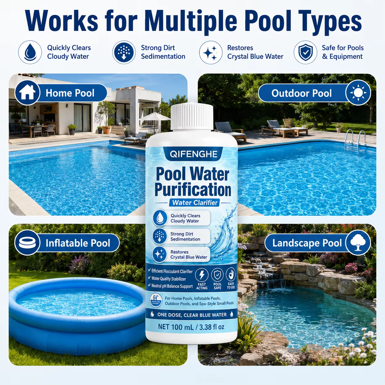 Clarifiant pour piscine pour eau boueuse, piscine domestique, piscine de jardin et piscine pour enfants