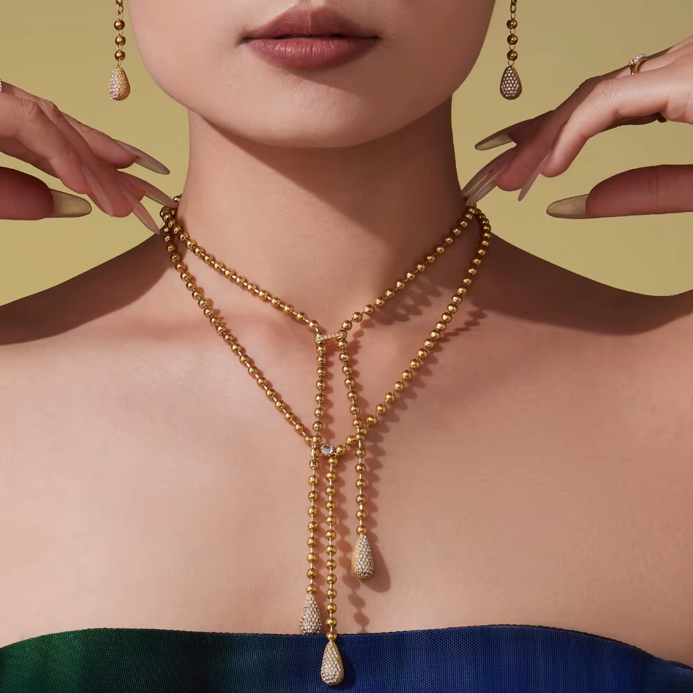 Collier en Y en acier inoxydable pour femmes, plaqué or 18 carats, chaîne de perles incrustée de gouttelettes de Zircon, pendentif, boucles d'oreilles assorties