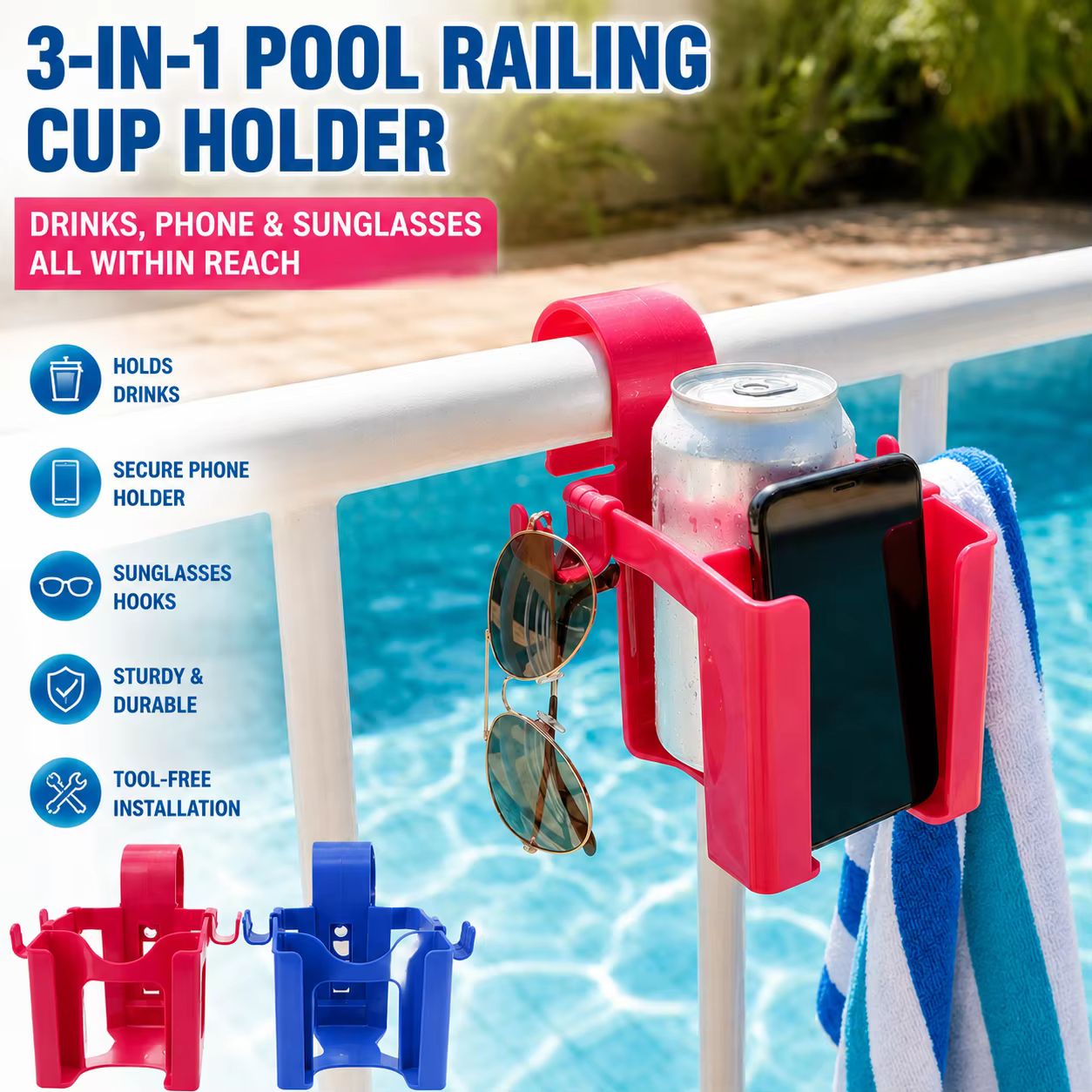 Support de boissons pour piscine avec crochets pour téléphone et lunettes de soleil
