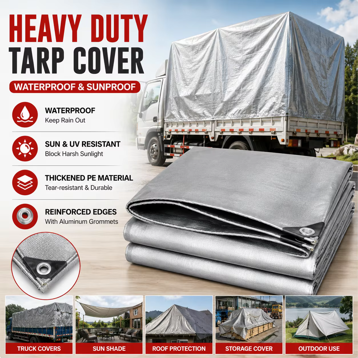 Bâche imperméable double épaisseur en PVC robuste avec revêtement argenté