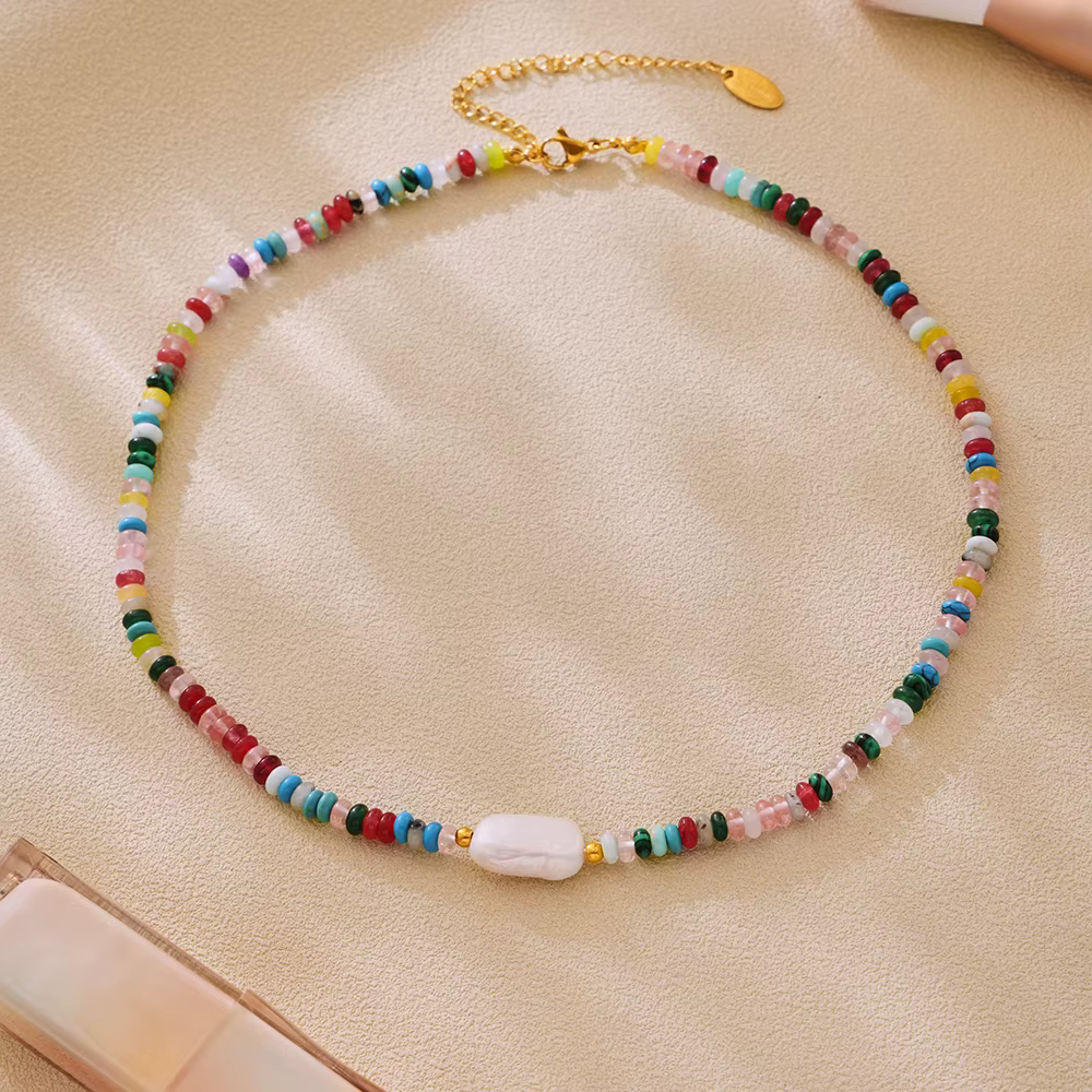 Collier pour femme en acier inoxydable avec pierres naturelles colorées, perle rectangulaire, sans décoloration, bijou à breloque