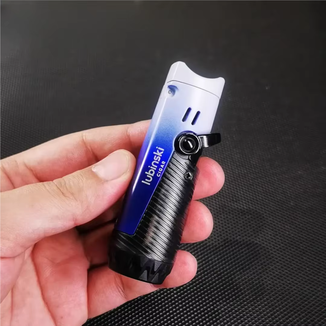 Allume-cigare avec porte-cigarette, briquet en plastique butane portable coupe-vent à double jet droit à flamme bleue