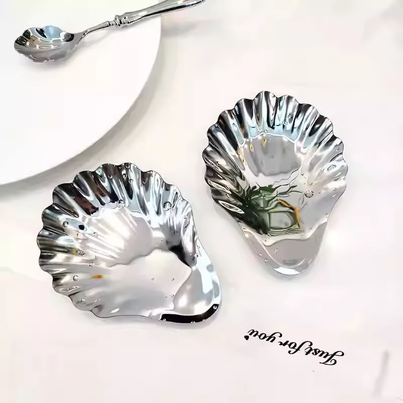 Assiette en acier inoxydable en forme de coquille, assiette en métal pour fromage, Dessert, vaisselle, rangement, assiette à bijoux, décoration de Table