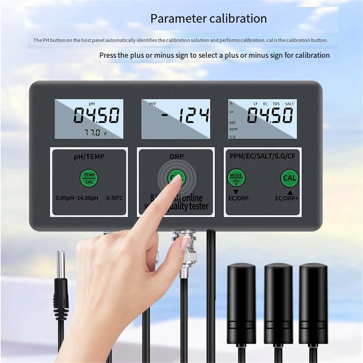 Vente au détail! Testeur de qualité de l'eau 8 en 1pH/ORP/EC/TDS/SALT/S.G/CF/Tempé