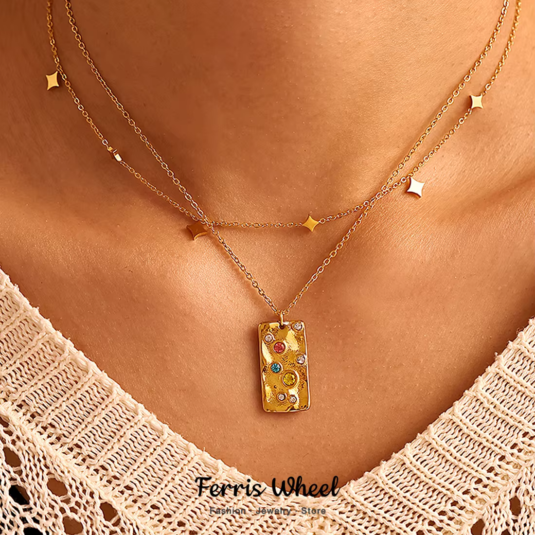 Collier en acier inoxydable pour femme, pendentif carré, breloque incrustée, clavicule étanche, cadeau de bijoux à la mode, luxe
