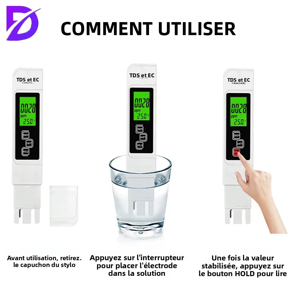 Testeur d'eau numérique 3-en-1 TDS EC avec écran LCD rétroéclairé pour l'analyse de la qualité de l'eau potable