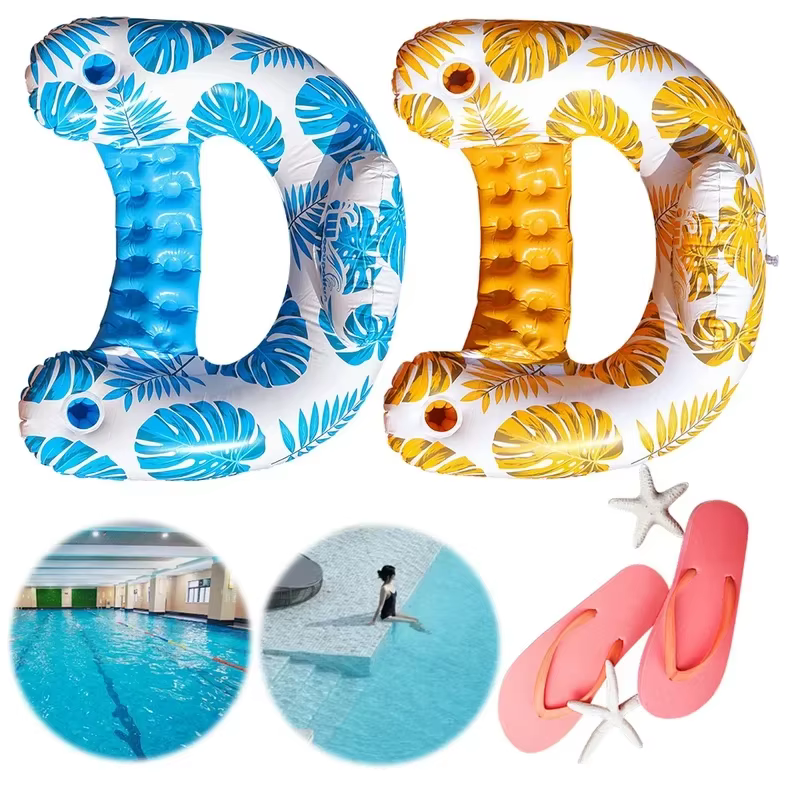 Transat gonflable en forme de feuilles tropicales avec appui-tête et porte-gobelets