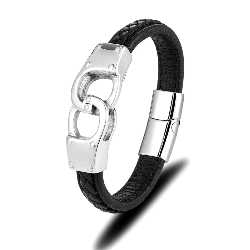 Bracelet menottes pour hommes, en acier inoxydable de haute qualité, en cuir véritable, pour Couple, Unique, Bijoux, cadeau pour lui
