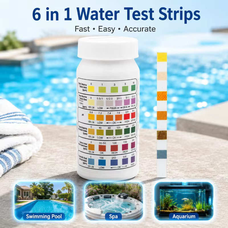 Bandelettes de test d'eau de piscine 6 en 1 : Détection rapide du chlore libre
