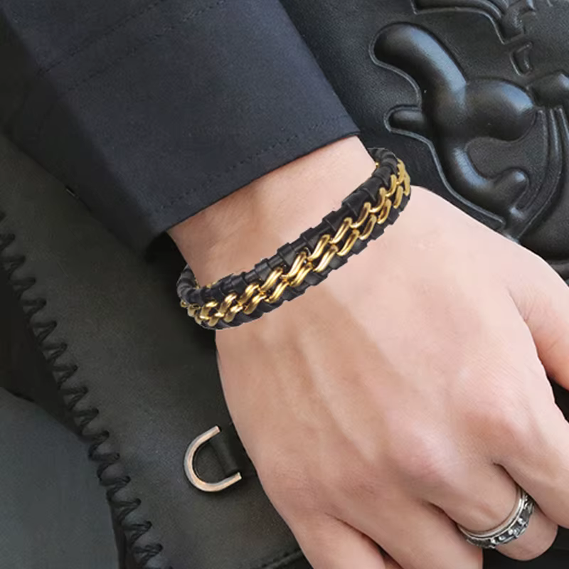 Bracelet chaîne en cuir véritable pour hommes, fermoir magnétique en acier inoxydable plaqué or, bijoux exclusifs, cadeau, vente en gros
