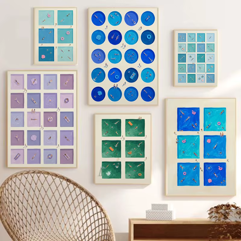 Impression sur toile amusante pour piscine d'été, décoration murale côtière turquoise, vue aérienne rétro, nageurs, art aquatique bleu, scène au bord de la piscine