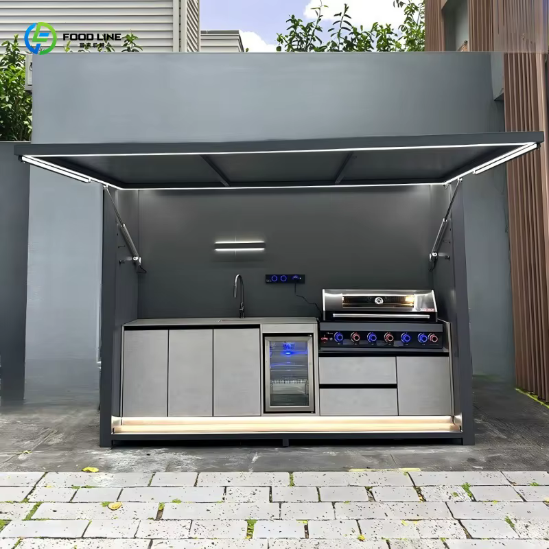 Barbecue extérieur personnalisable et résistant au vent, style terrasse, avec glacière et évier, pour la cuisine en plein air dans le jardin ou sur la terrasse.
