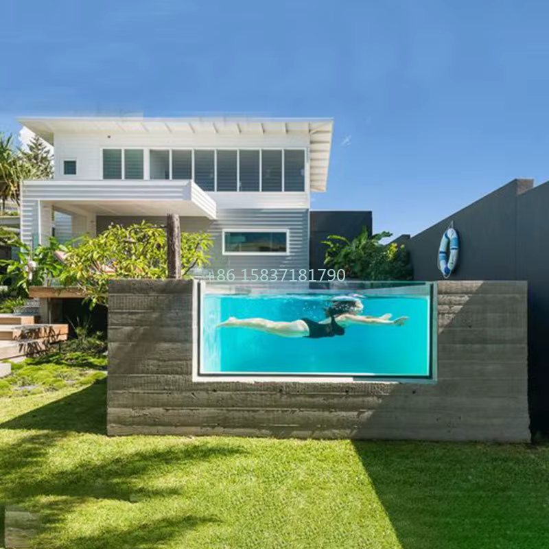 Piscine familiale hors-sol en fibre de verre transparente avec fenêtre en verre, aire de jeux aquatique en bois, pour extérieur, prix